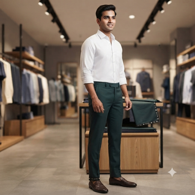 Pant Shirt Combo Vimal 4Way Stretchable Forest Green Trouser With White Plain Giza Cotton Shirt Fabric