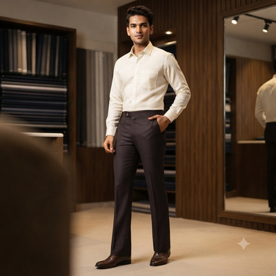 Pant Shirt Combo Vimal Pinot Wine TR Trouser With Off White Plain Giza Cotton Shirt Fabric