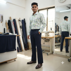 Pant Shirt Combo Vimal Blackish Blue TR Trouser With Green N White Print Giza Cotton Shirt Fabric