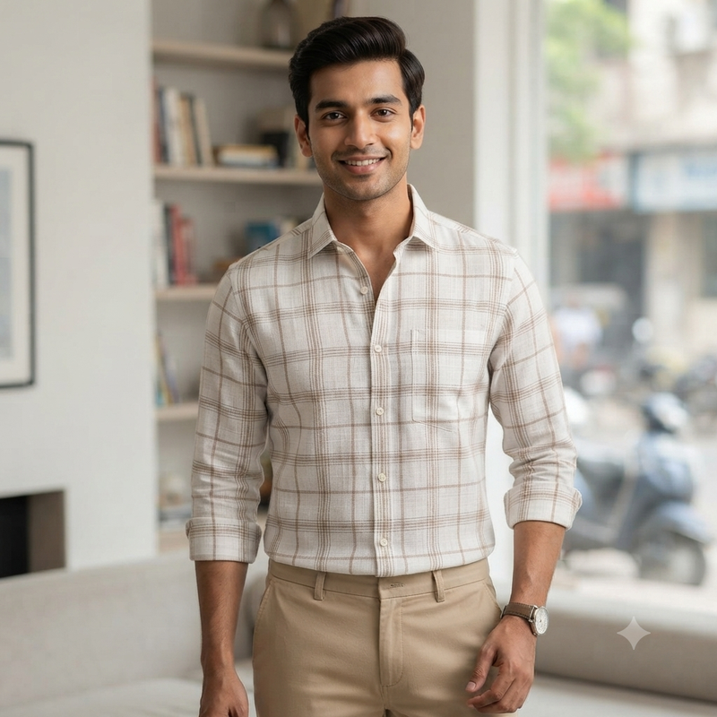 Shirt Fabric ManTire Poly Cotton Wrinkle Free Linen Look Broad Check Colour Brown N White