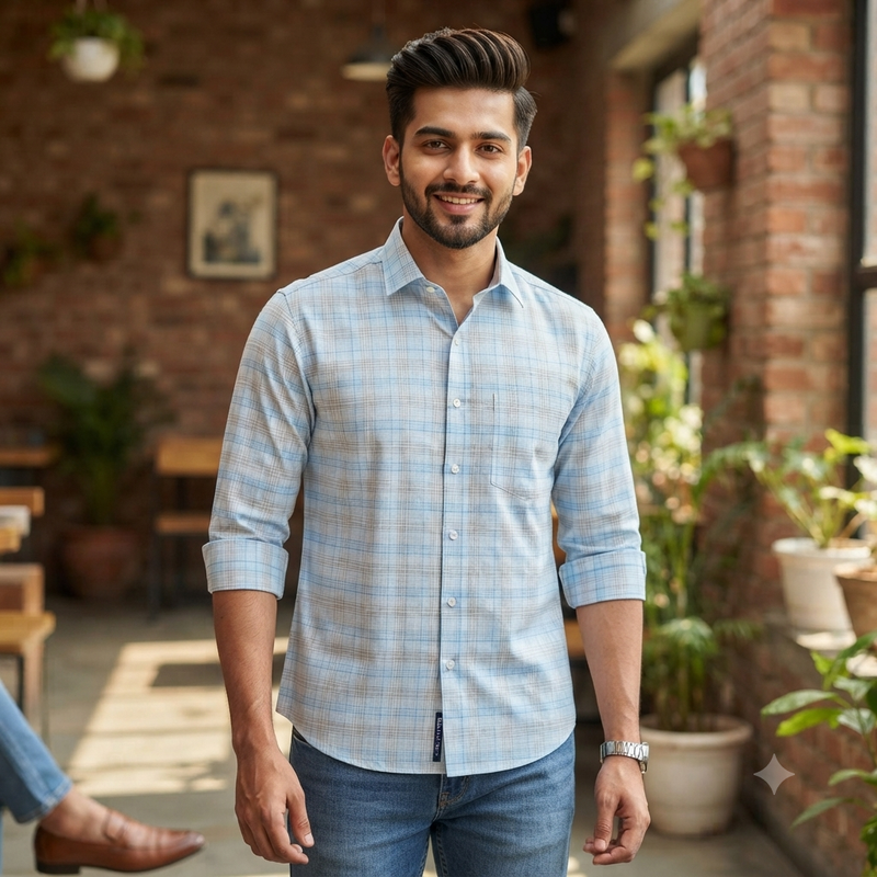 Shirt Fabric Arvind Poly Cotton Wrinkle Free Check Colour Light Firozi