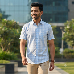 Shirt Fabric Arvind Poly Cotton Wrinkle Free Check Colour Light Blue N White