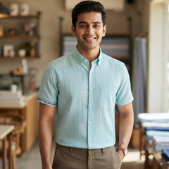 Shirt Fabric Arvind Poly Cotton Wrinkle Free Broad Lining With Slub Colour Mint Green