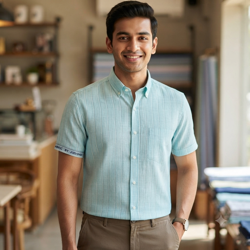 Shirt Fabric Arvind Poly Cotton Wrinkle Free Broad Lining With Slub Colour Mint Green