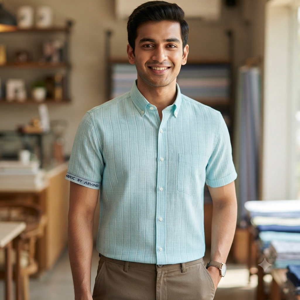 Shirt Fabric Arvind Poly Cotton Wrinkle Free Broad Lining With Slub Colour Mint Green