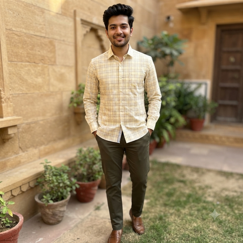 Shirt Fabric Arvind Poly Cotton Wrinkle Free Check Colour Light Brown