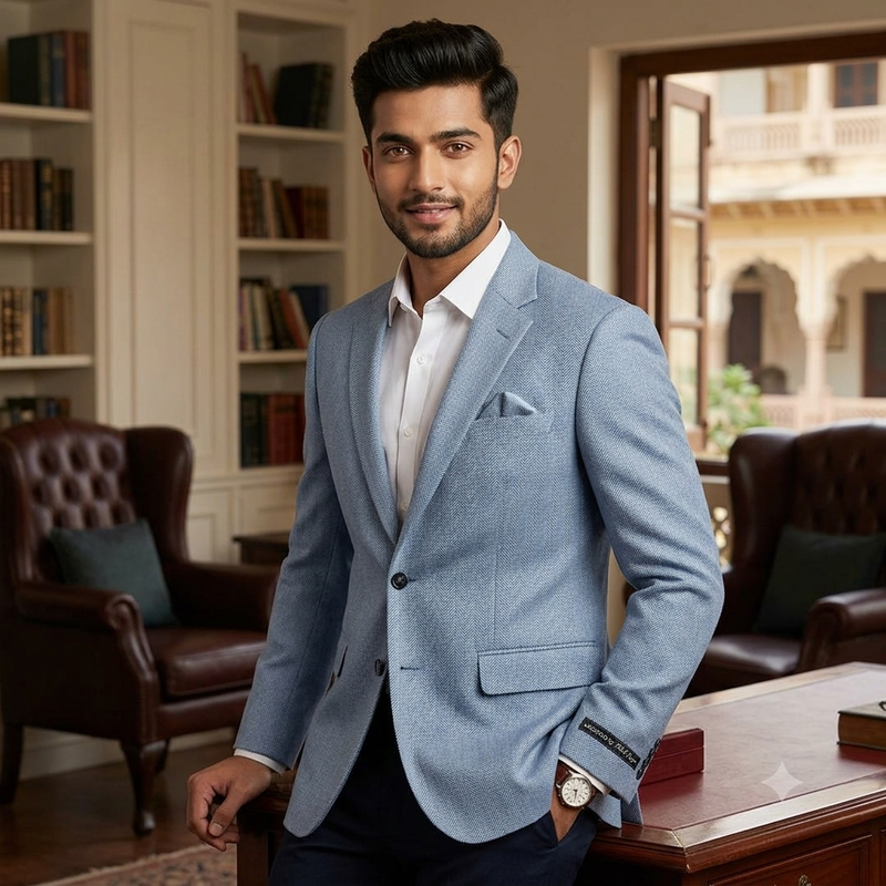 Blazer Fabric Reid N Taylor Wool Blended Herrinbone Colour Light Blue