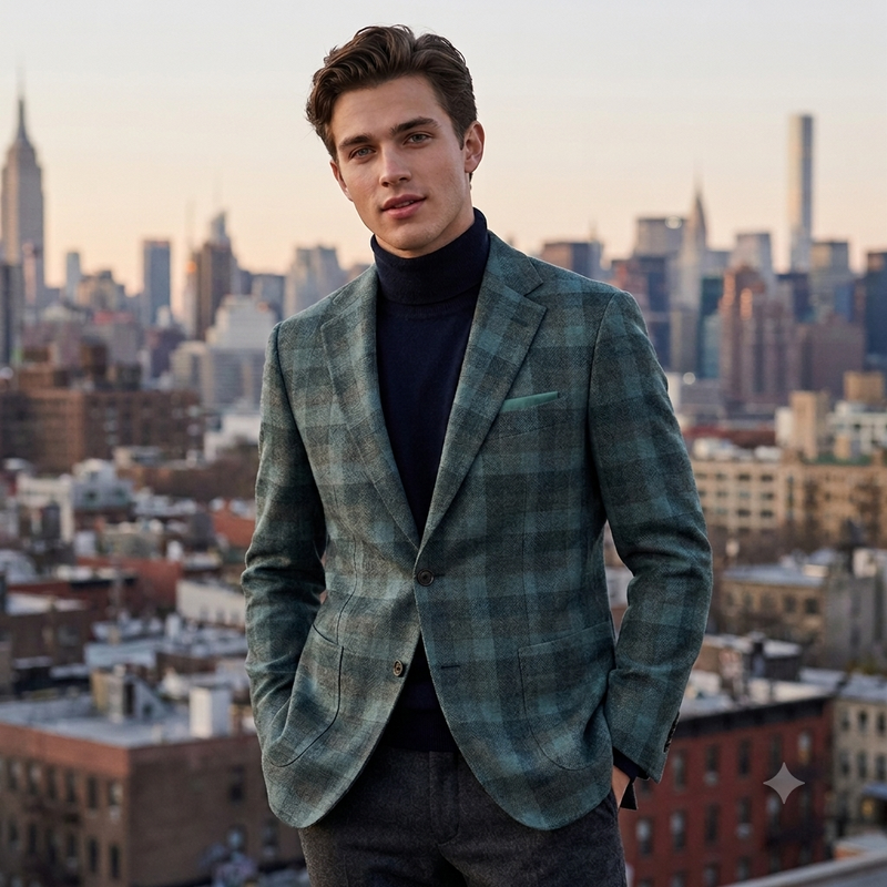 Tweed Blazer Fabric Reid N Taylor 100% Wool Check Colour Teal Green