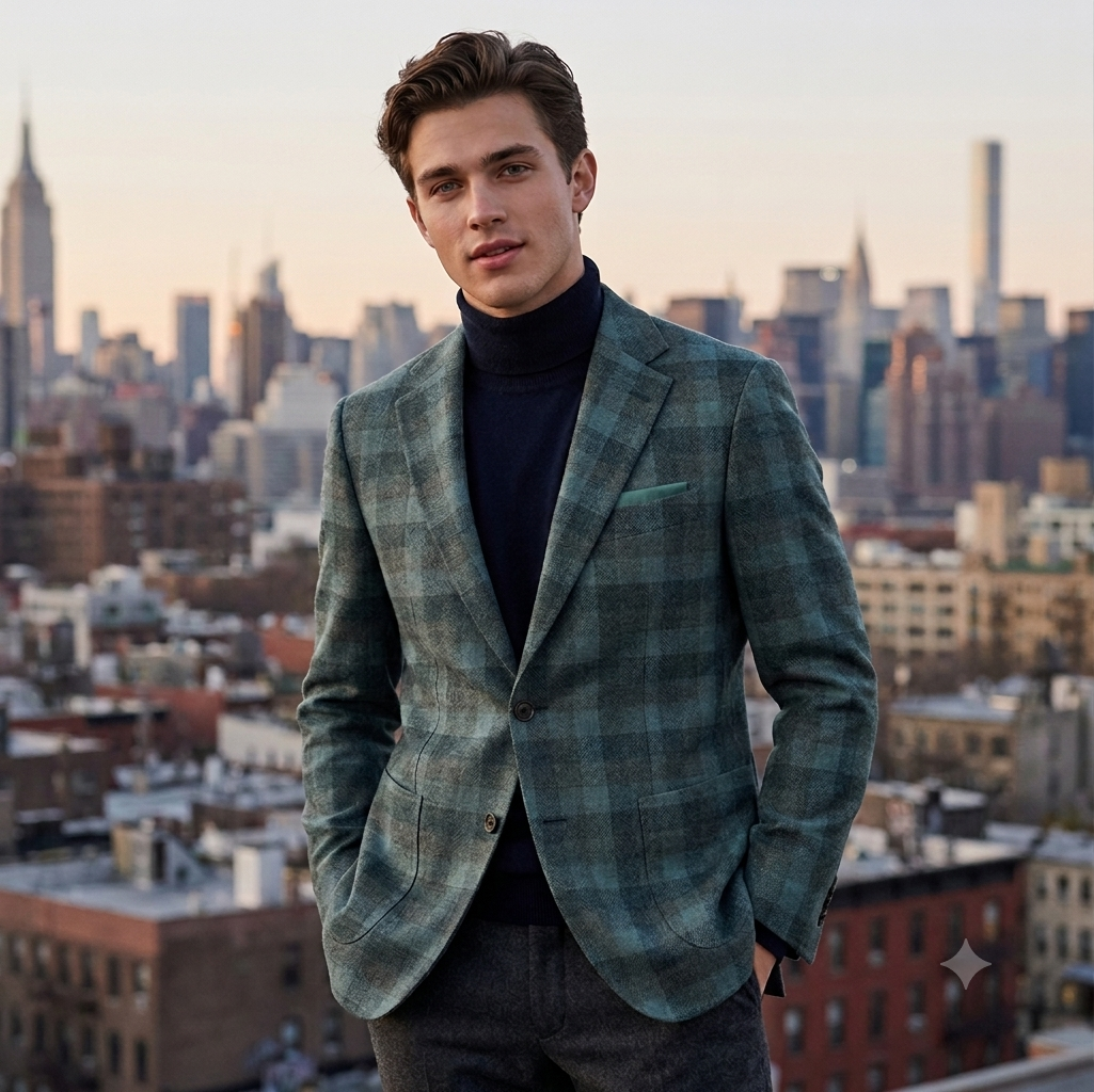 Tweed Blazer Fabric Reid N Taylor 100% Wool Check Colour Teal Green