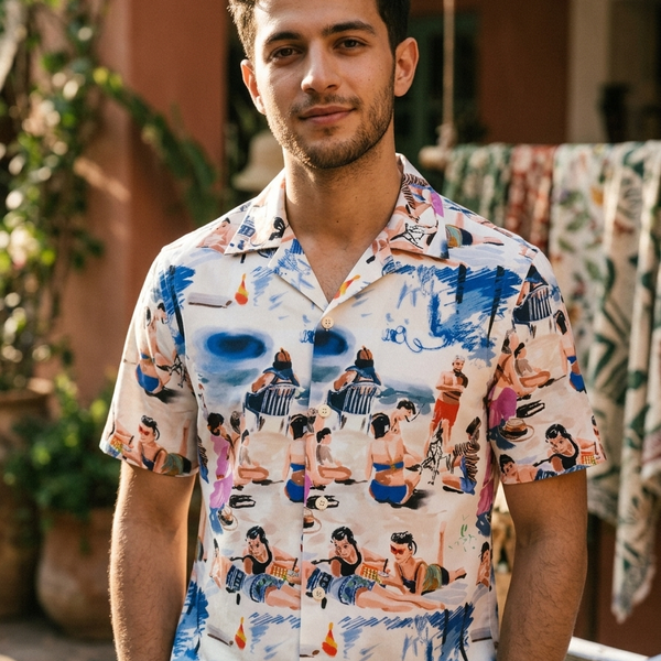 Shirt Fabric Raymond Regio Italia 100% Silk Digital Beach Scene Print Colour White