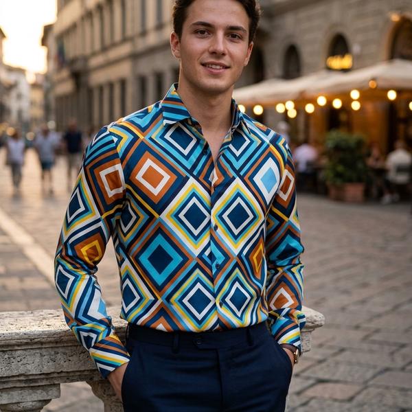 Shirt Fabric Raymond Regio Italia 100% Silk Digital retro geometric palette Printed Colour Navy Blue, Mustard Yellow, Burnt Orange, Sky Blue N White