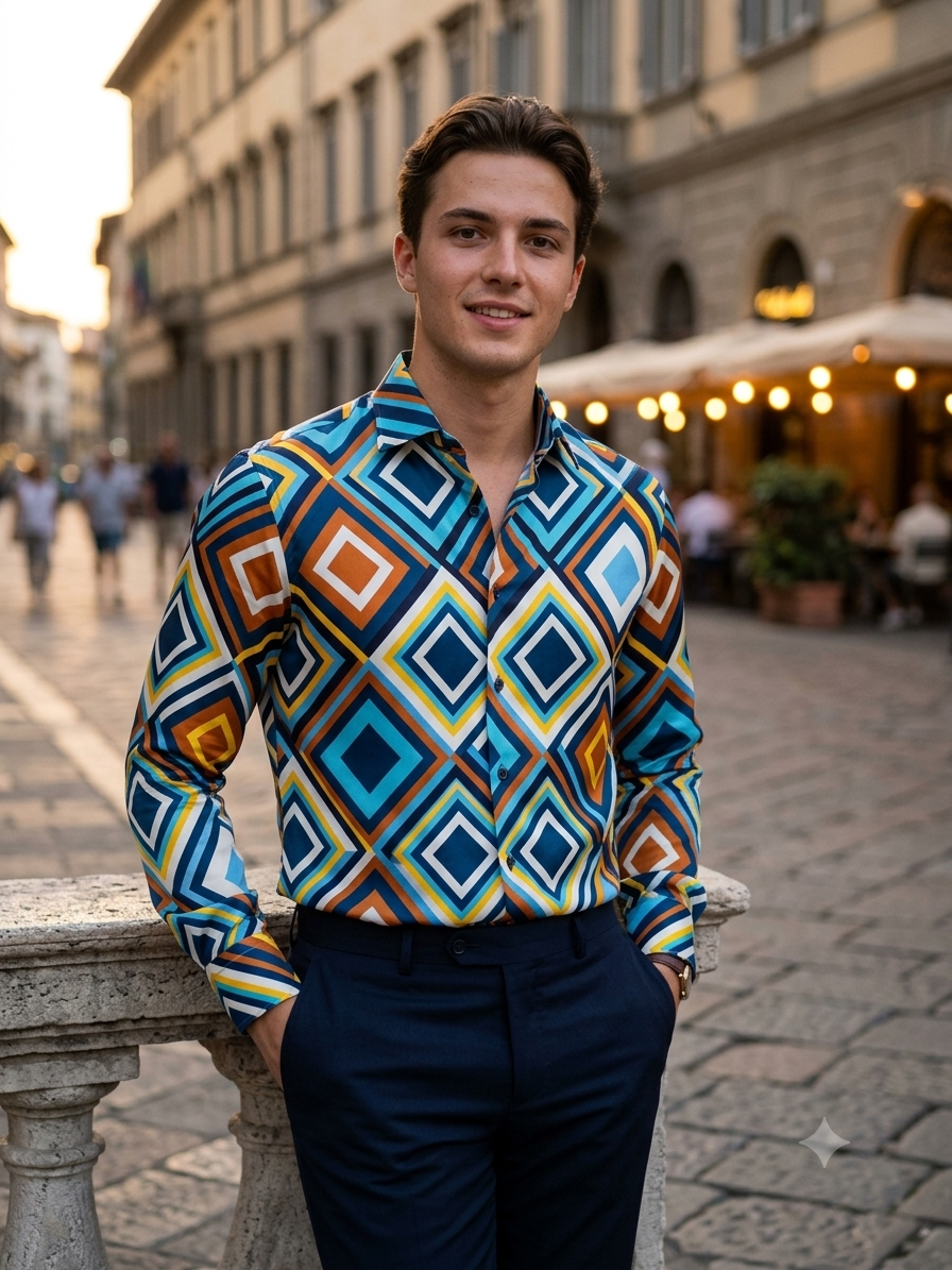 Shirt Fabric Raymond Regio Italia 100% Silk Digital retro geometric palette Printed Colour Navy Blue, Mustard Yellow, Burnt Orange, Sky Blue N White