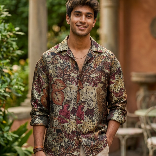 Shirt Fabric Raymond Regio Italia 100% Silk Digital Jungle Elephant Print Colour Mehandi Green