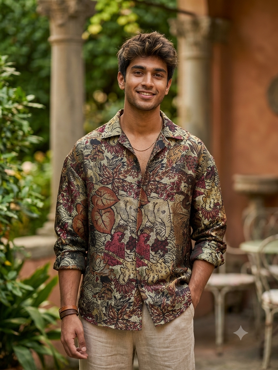 Shirt Fabric Raymond Regio Italia 100% Silk Digital Jungle Elephant Print Colour Mehandi Green