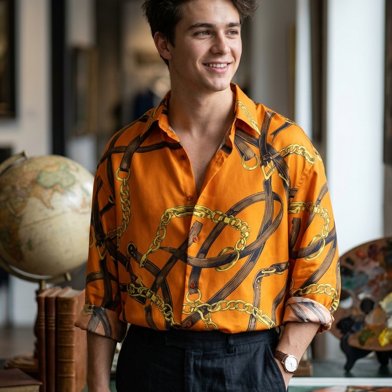 Shirt Fabric Raymond Regio Italia 100% Silk Digital Printed Colour burnt orange, tangerine, or Hermès orange