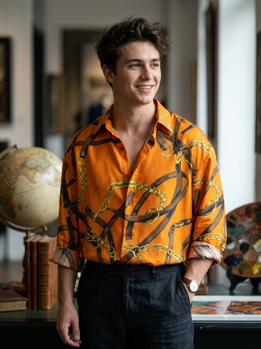 Shirt Fabric Raymond Regio Italia 100% Silk Digital Printed Colour burnt orange, tangerine, or Hermès orange