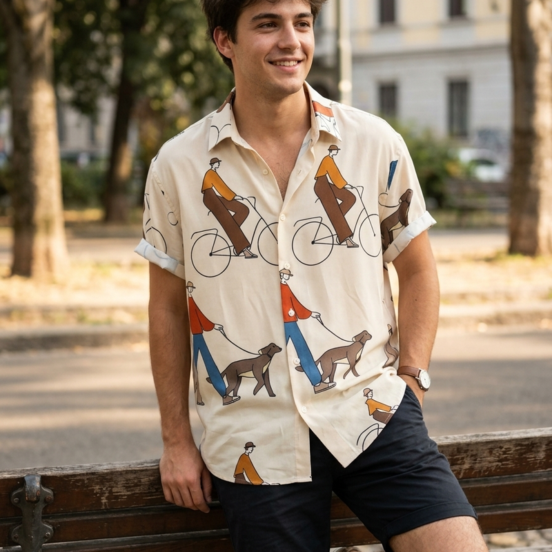 Shirt Fabric Raymond Regio Italia 100% Silk Digital Printed Colour Chestnut Brown N Beige Cream
