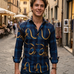 Shirt Fabric Raymond Regio Italia 100% Silk Digital Printed Colour Dark blue and goldan