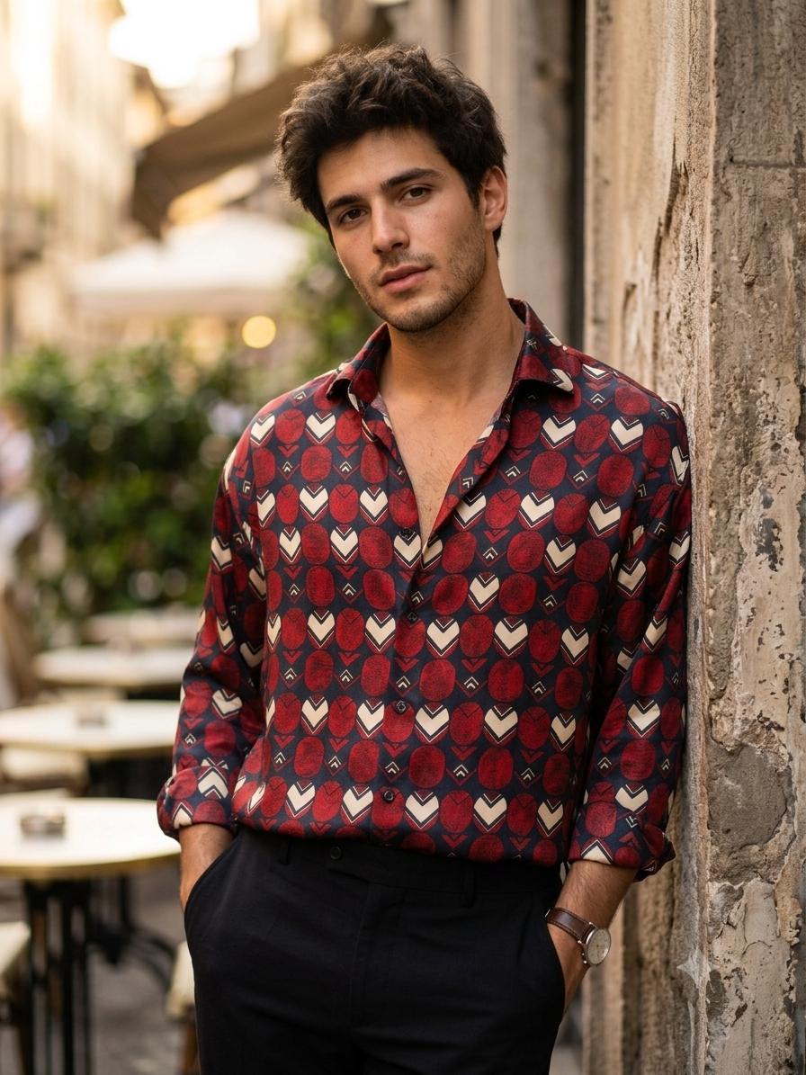 Shirt Fabric Raymond Regio Italia 100% Silk geometric Art Digital Print Colour Magenta