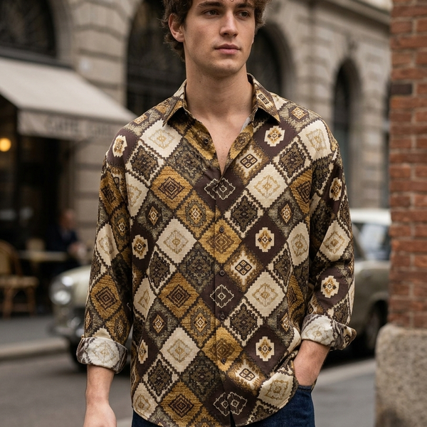 Shirt Fabric Raymond Regio Italia 100% Silk Digital Patchwork Print Colour Mocha Brown