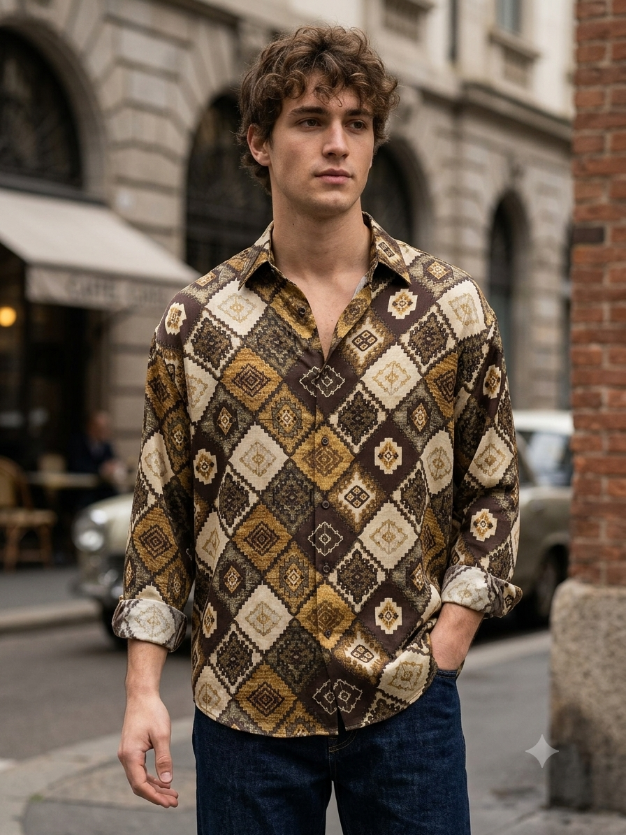 Shirt Fabric Raymond Regio Italia 100% Silk Digital Patchwork Print Colour Mocha Brown