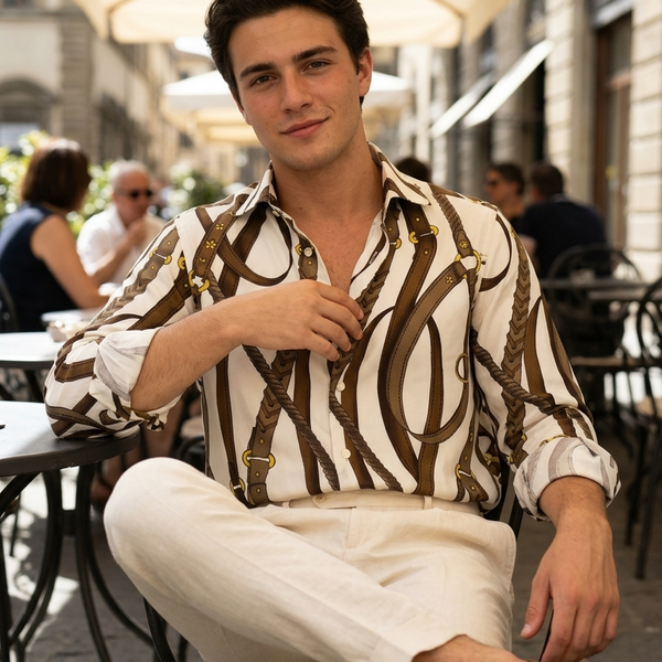 Shirt Fabric Raymond Regio Italia 100% Silk Digital Equestrian Print Colour Chestnut brown