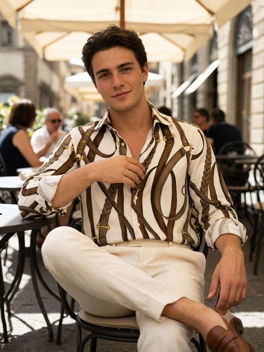 Shirt Fabric Raymond Regio Italia 100% Silk Digital Equestrian Print Colour Chestnut brown