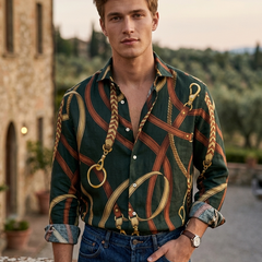 Shirt Fabric Raymond Regio Italia 100% Silk Digital Belt n Chain Print Colour Black, Tan, Mehogany