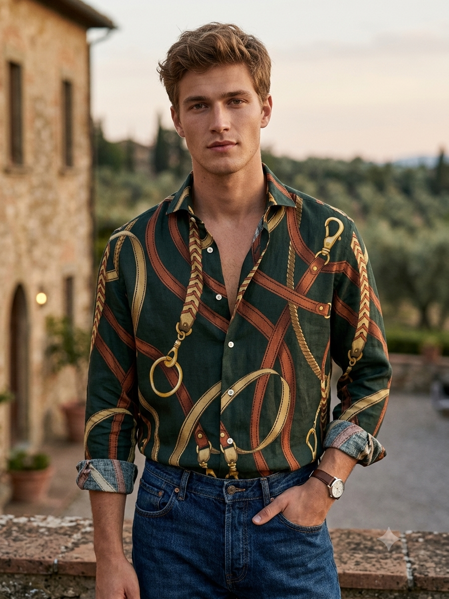 Shirt Fabric Raymond Regio Italia 100% Silk Digital Belt n Chain Print Colour Black, Tan, Mehogany