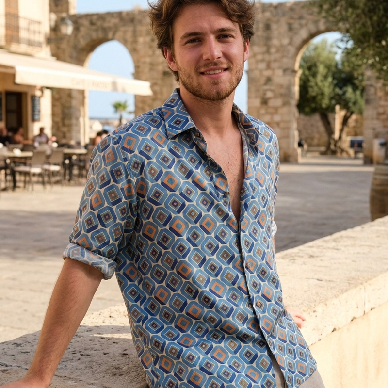 Shirt Fabric Raymond Regio Italia 100% Silk concentric diamond medallion Digital Print Colour Amber Gold, Steel Blue N Cream