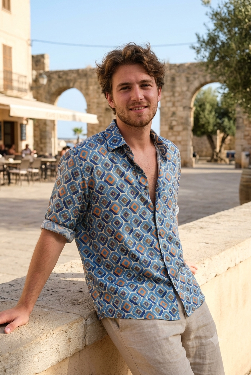 Shirt Fabric Raymond Regio Italia 100% Silk concentric diamond medallion Digital Print Colour Amber Gold, Steel Blue N Cream