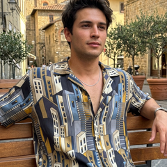 Shirt Fabric Raymond Regio Italia 100% Silk Digital building Printed Colour Dark blue and Black,goldan