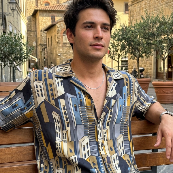 Shirt Fabric Raymond Regio Italia 100% Silk Digital building Printed Colour Dark blue and Black,goldan