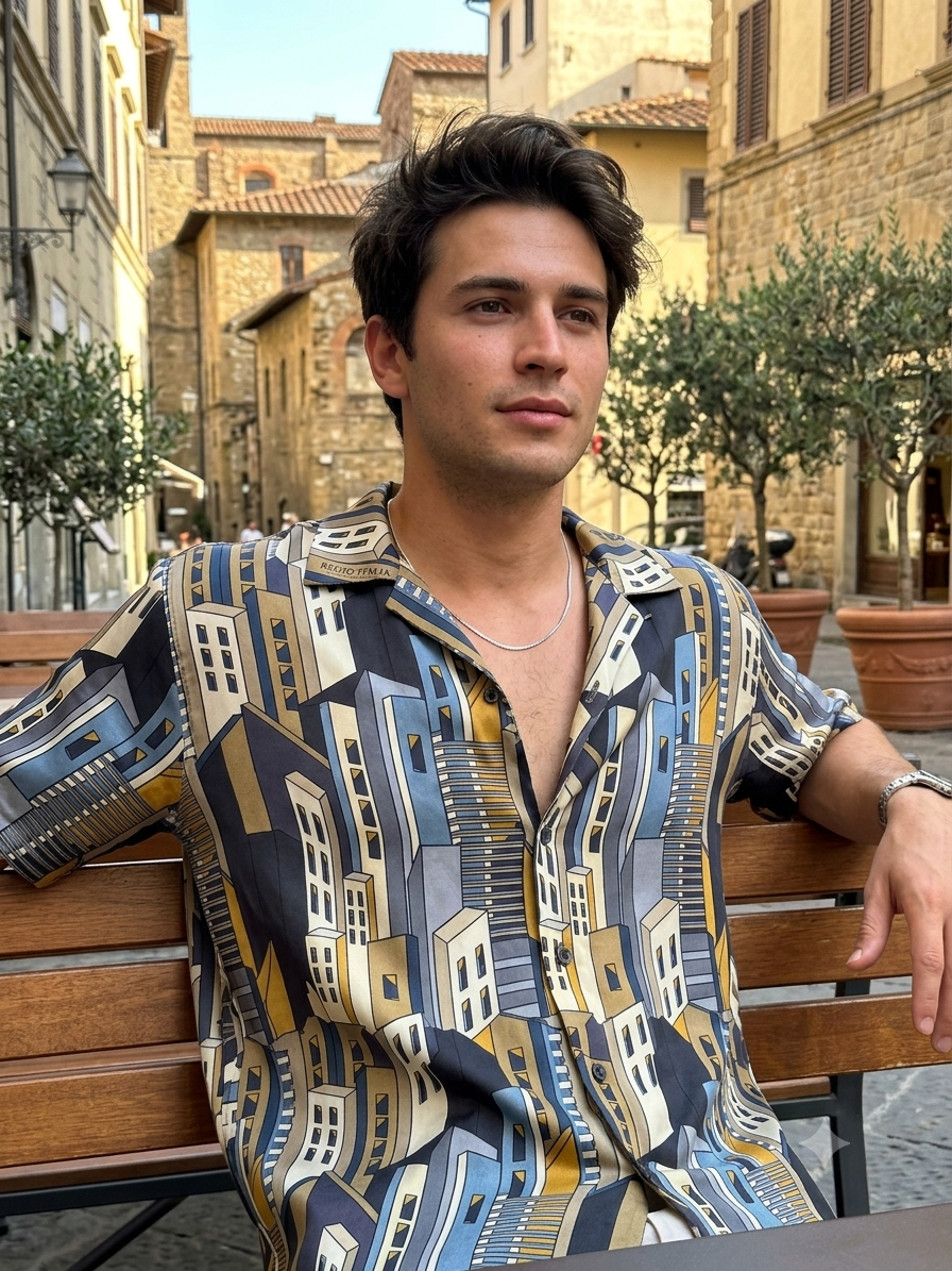Shirt Fabric Raymond Regio Italia 100% Silk Digital building Printed Colour Dark blue and Black,goldan