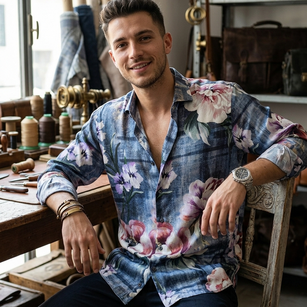 Shirt Fabric Raymond Regio Italia 100% Silk floral watercolor Digital Print Colour lavender and purple