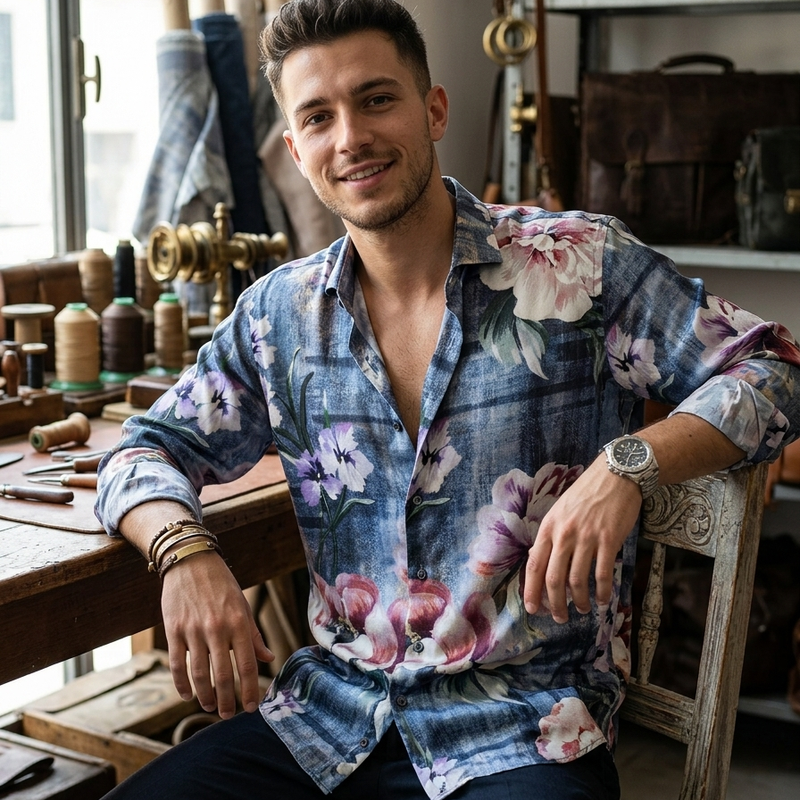 Shirt Fabric Raymond Regio Italia 100% Silk floral watercolor Digital Print Colour lavender and purple