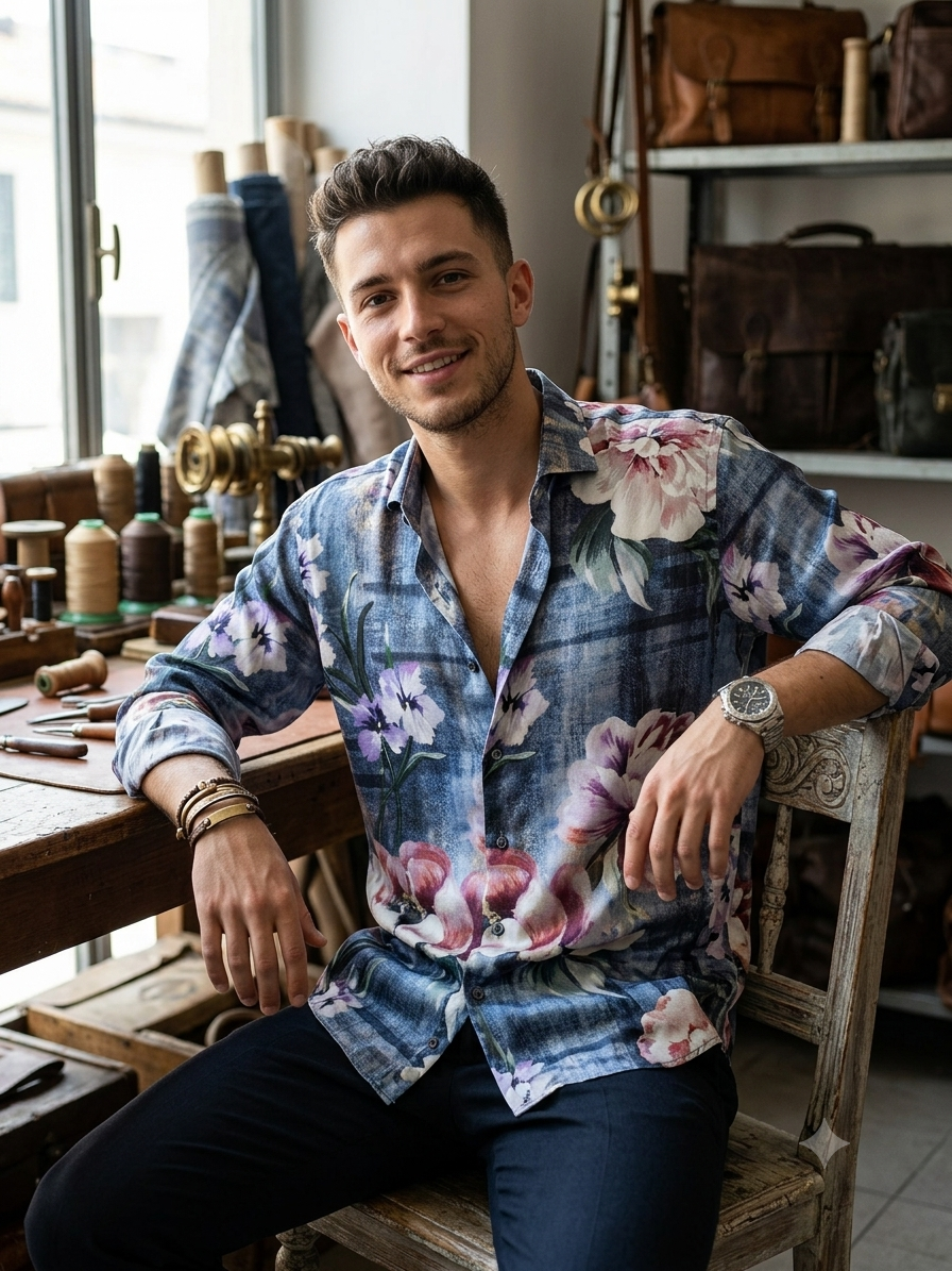 Shirt Fabric Raymond Regio Italia 100% Silk floral watercolor Digital Print Colour lavender and purple