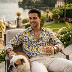 Shirt Fabric Raymond Regio Italia 100% Silk Digital American traditional tattoo style Print Colour Canary Yellow, Black ink N Accent Blue