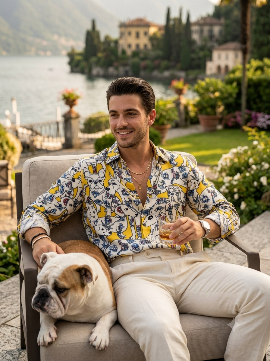 Shirt Fabric Raymond Regio Italia 100% Silk Digital American traditional tattoo style Print Colour Canary Yellow, Black ink N Accent Blue
