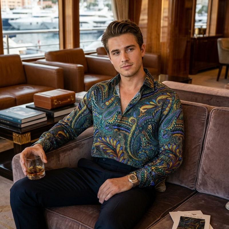 Shirt Fabric Raymond Regio Italia 100% Silk paisley Digital Print Colour Royal blue N Teal Green