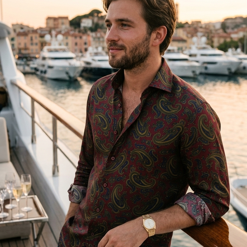 Shirt Fabric Raymond Regio Italia 100% Silk Digital Paisley Print Colour Burgundy N Olive Green