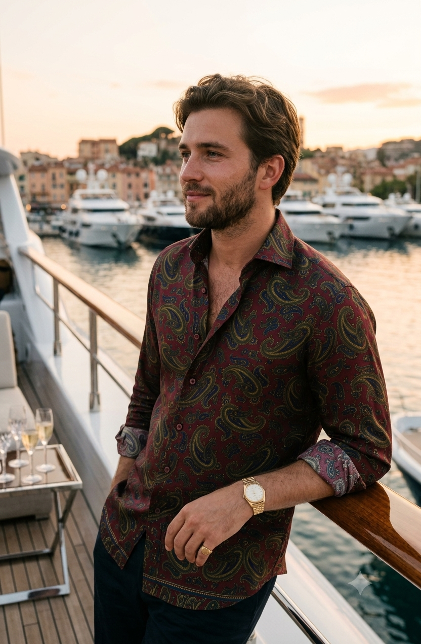 Shirt Fabric Raymond Regio Italia 100% Silk Digital Paisley Print Colour Burgundy N Olive Green