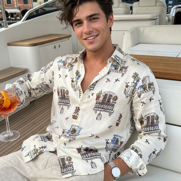 Shirt Fabric Raymond Regio Italia 100% Silk Digital Mediterranean Urban Scene Print Colour White, Brown
