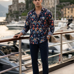 Shirt Fabric Raymond Regio Italia 100% Silk Digital Chintz floral Print Colour Dark Blue