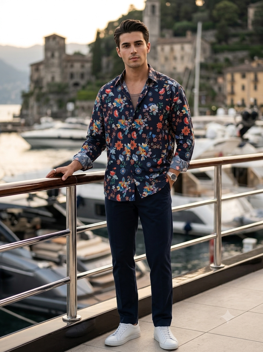 Shirt Fabric Raymond Regio Italia 100% Silk Digital Chintz floral Print Colour Dark Blue