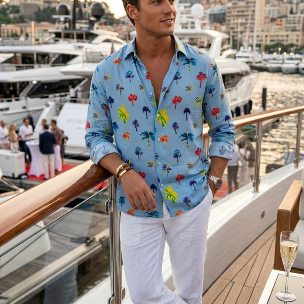 Shirt Fabric Raymond Regio Italia Super 137/2s Giza Cotton Digital Tropical Palm Tree Printed Colour Soft Slate Blue
