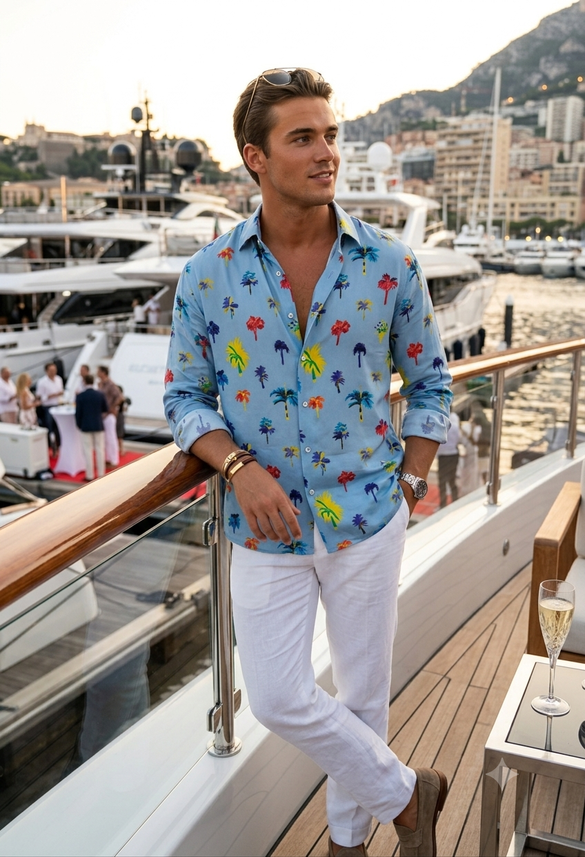 Shirt Fabric Raymond Regio Italia Super 137/2s Giza Cotton Digital Tropical Palm Tree Printed Colour Soft Slate Blue