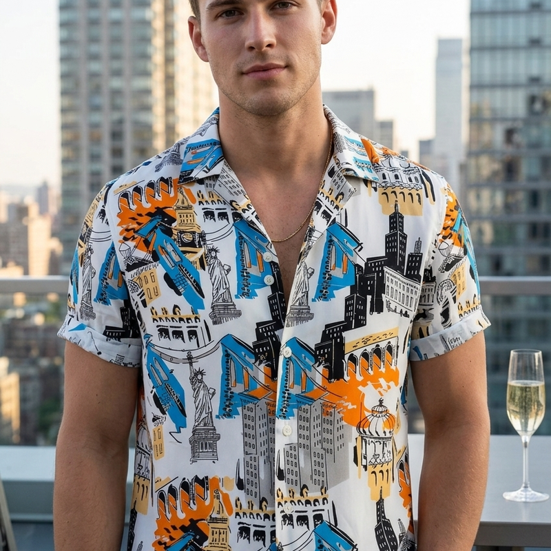 Shirt Fabric Raymond Regio Italia Super 137/2s Giza CottonNew York City novelty pattern Digital Printed Colour Electric Blue, Jet Black N Bright White