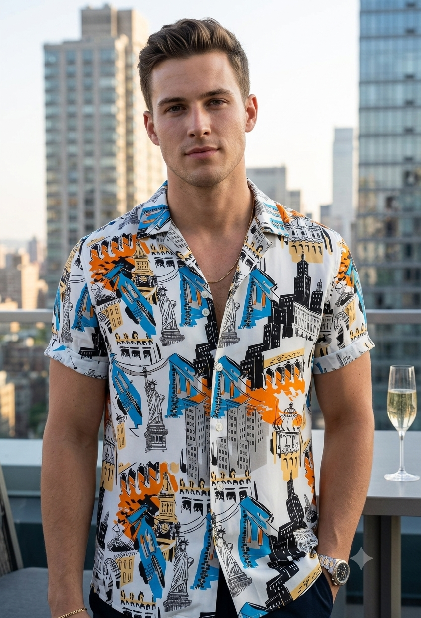 Shirt Fabric Raymond Regio Italia Super 137/2s Giza CottonNew York City novelty pattern Digital Printed Colour Electric Blue, Jet Black N Bright White