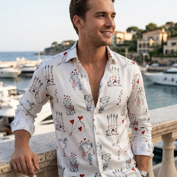 Shirt Fabric Raymond Regio Italia 100% Silk Digital Romantic Couple Doodle Sketch Print Colour Grey and White